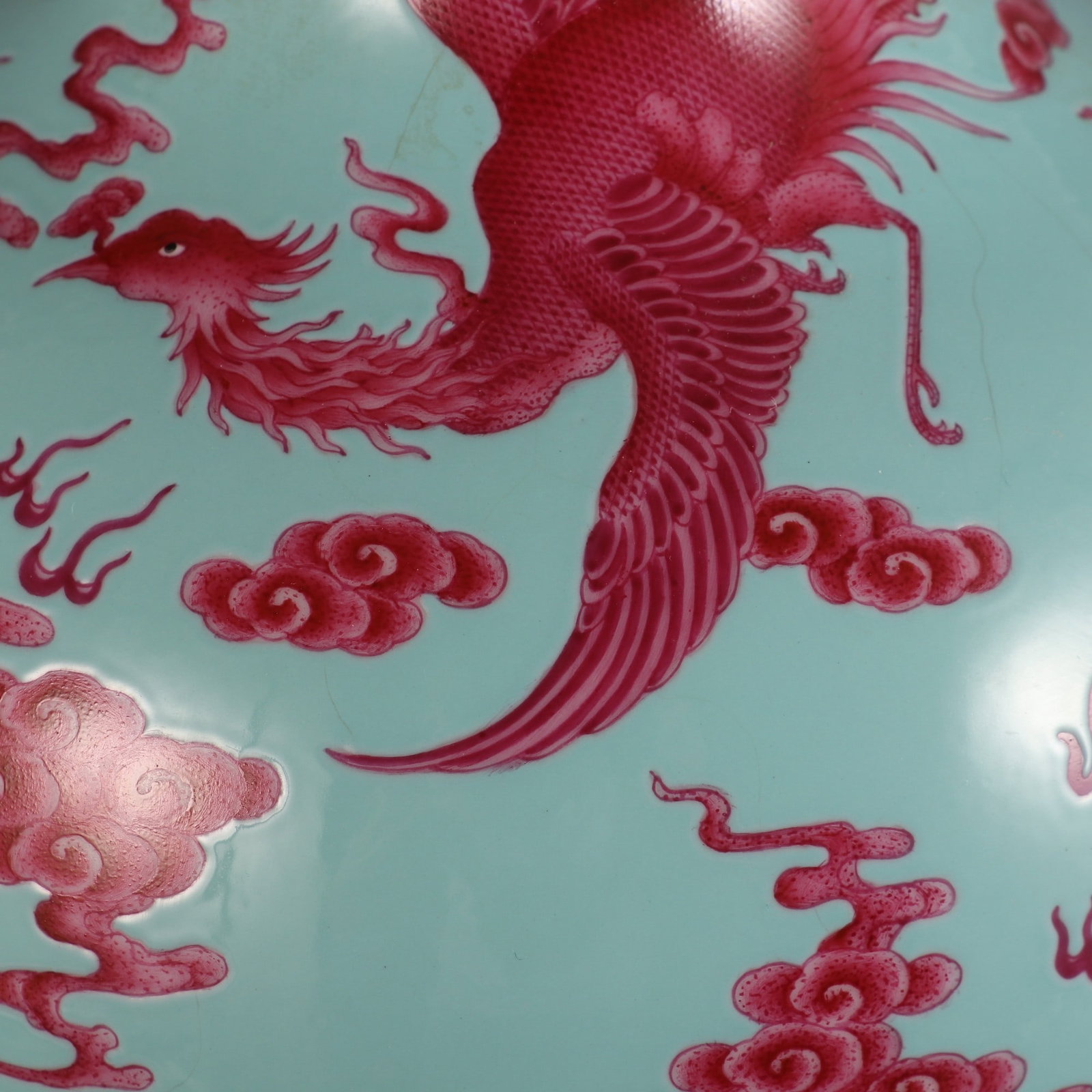 An Exquisite Ruby Red-Glazed Green Ground Dragon and Phoenix Pattern Seawater Pattern Vase - 6