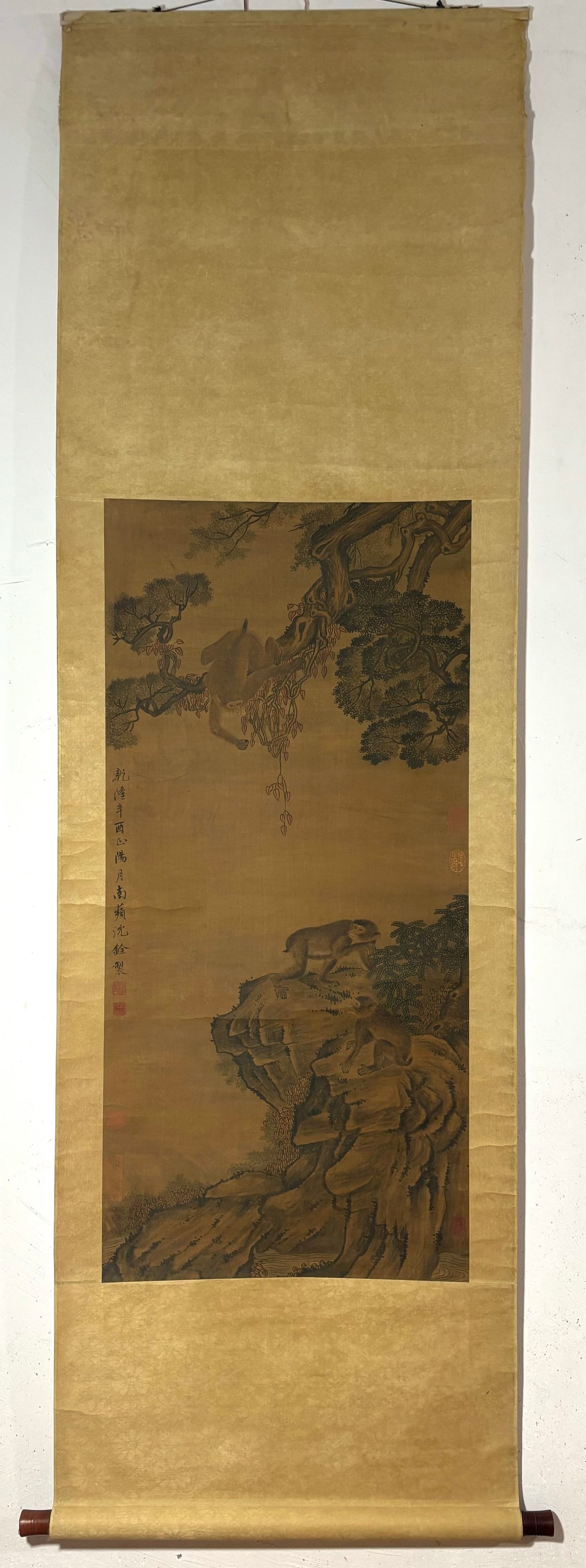 A Chinese Vertical Scroll Ink Painting of Monkey on Silk: A Chinese Vertical Scroll Ink Painting of Monkey on Silk Shen quan Without frame Size:104.5cmx49.5cm (The Dimensions Of All Batches Are Manually Measured.If You Need More Detailed Information, Please