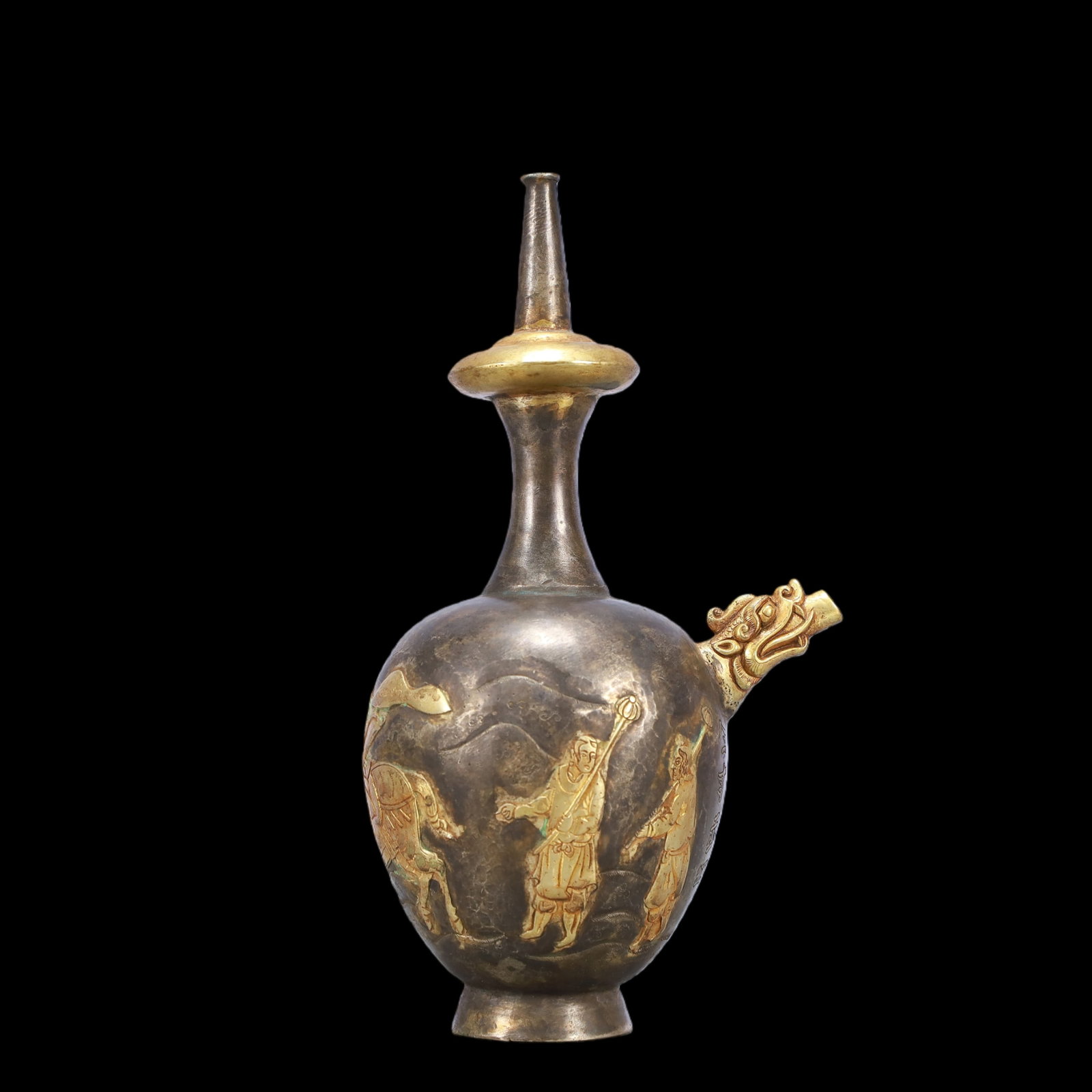 A Exquisite Gilt Silver Character and Story Pattern with poem Ewer: A Exquisite Gilt Silver Character and Story Pattern with poem Ewer Tang Dynasty, China Size:14cmx10cmx24cm Weight:400g (The Dimensions Of All Batches Are Manually Measured.If You Need More Detailed