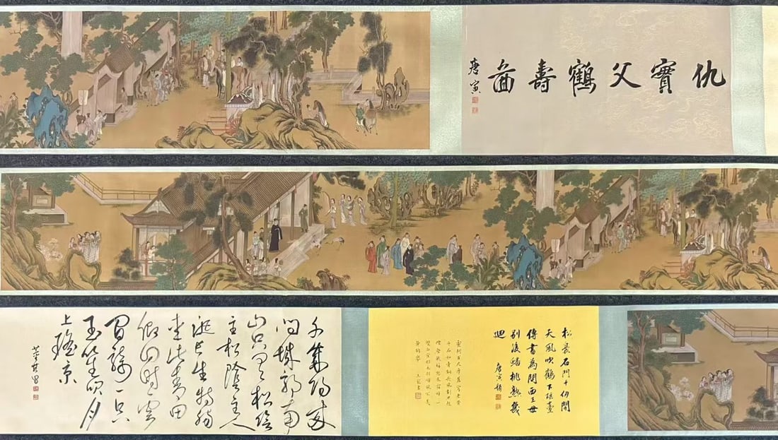 A Chinese Hand Scroll Ink Painting of Character and Story on Silk: A Chinese Hand Scroll Ink Painting of Character and Story on Silk Qiu ying Without frame Size:249.5cmx35cm entirety Size:643cmx38cm (The Dimensions Of All Batches Are Manually Measured.If You Need