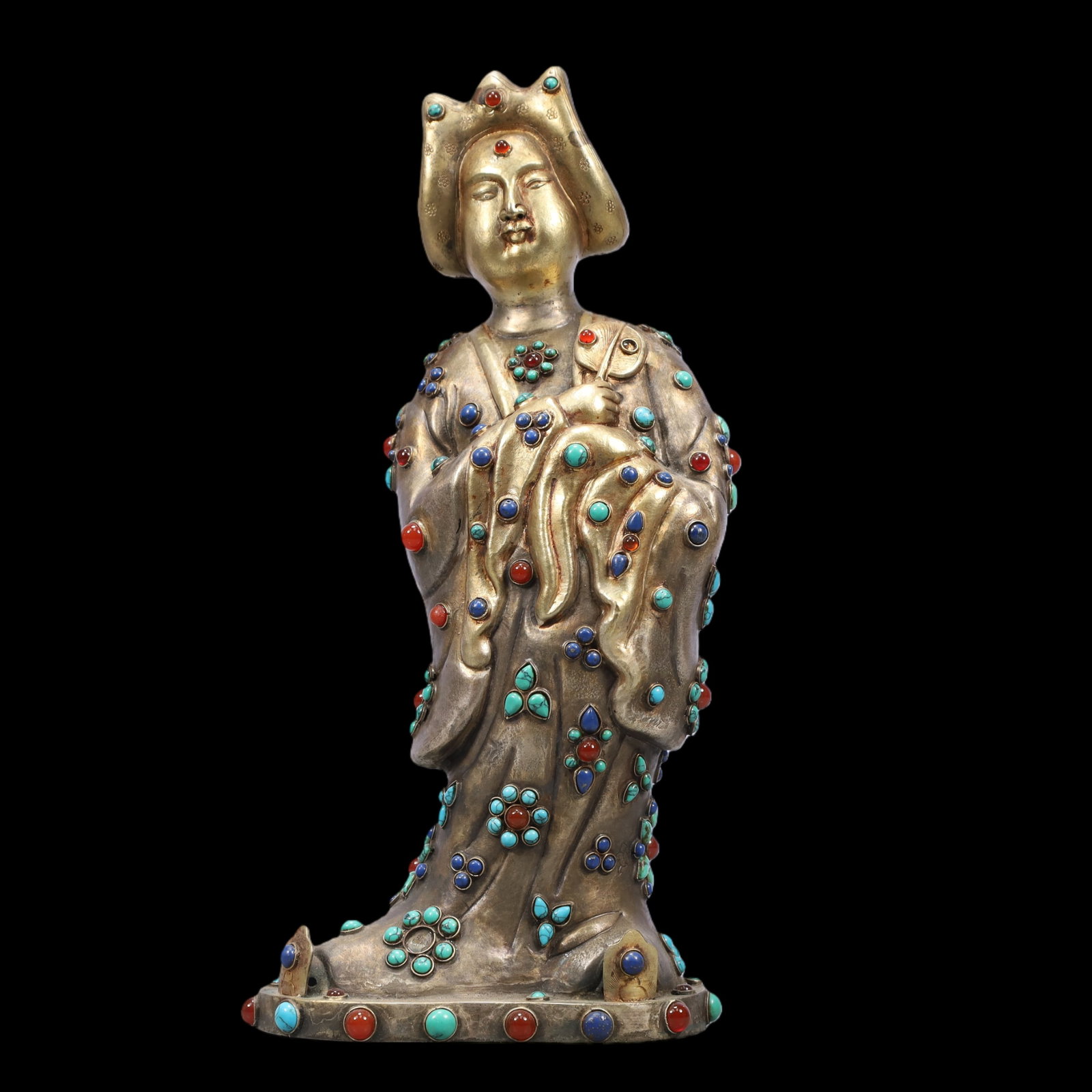 A Exquisite Gilt Silver Inlaid Gems Figures Ornament: A Exquisite Gilt Silver Inlaid Gems Figures Ornament Ming Dynasty, China Size:12.5cmx10cmx28cm Weight:950g (The Dimensions Of All Batches Are Manually Measured.If You Need More Detailed Information,