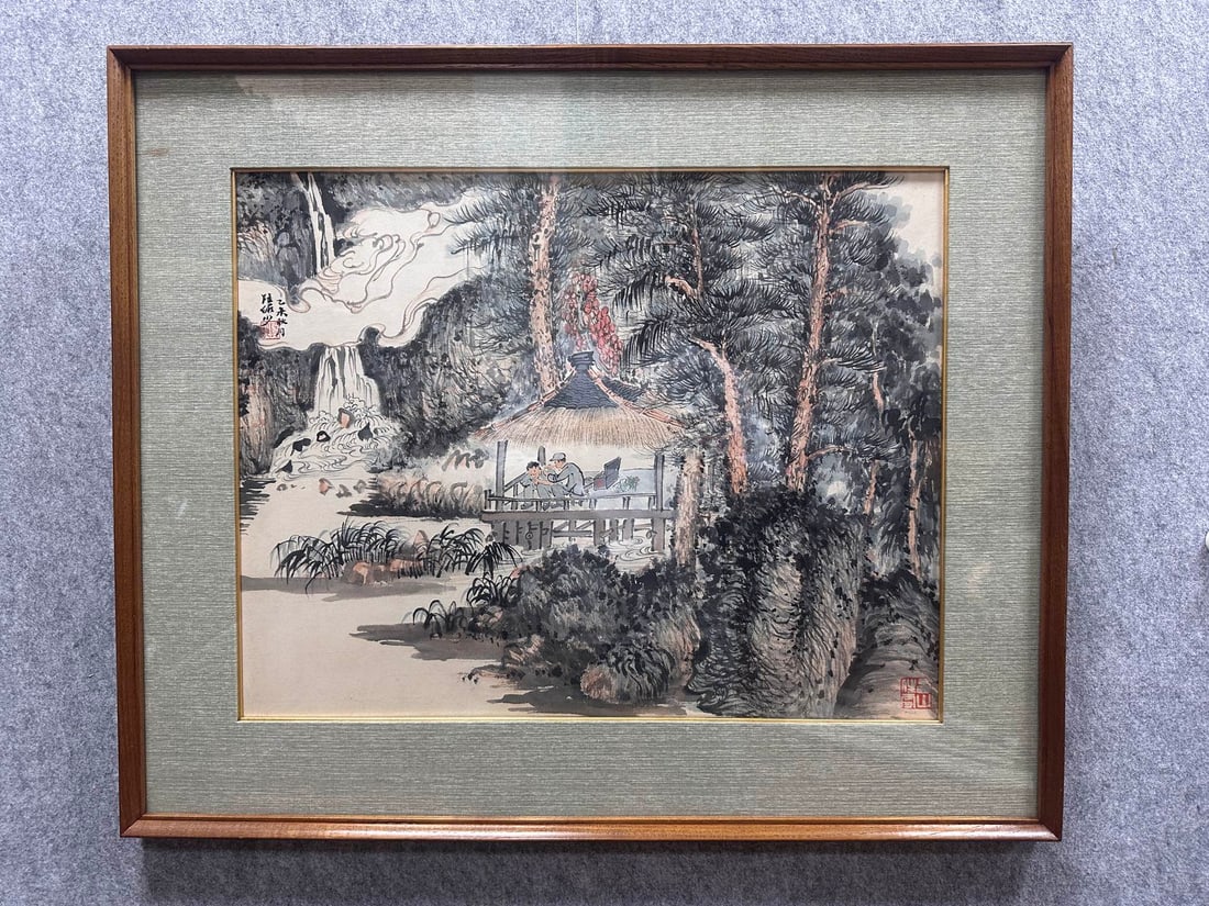 A Chinese Ink Painting of Landscape and Figure on Paper With Frame: A Chinese Ink Painting of Landscape and Figure on Paper With Frame Lu yanshao Without frame Size:54cmx42cm Size:72cmx60cm (The Dimensions Of All Batches Are Manually Measured.If You Need More