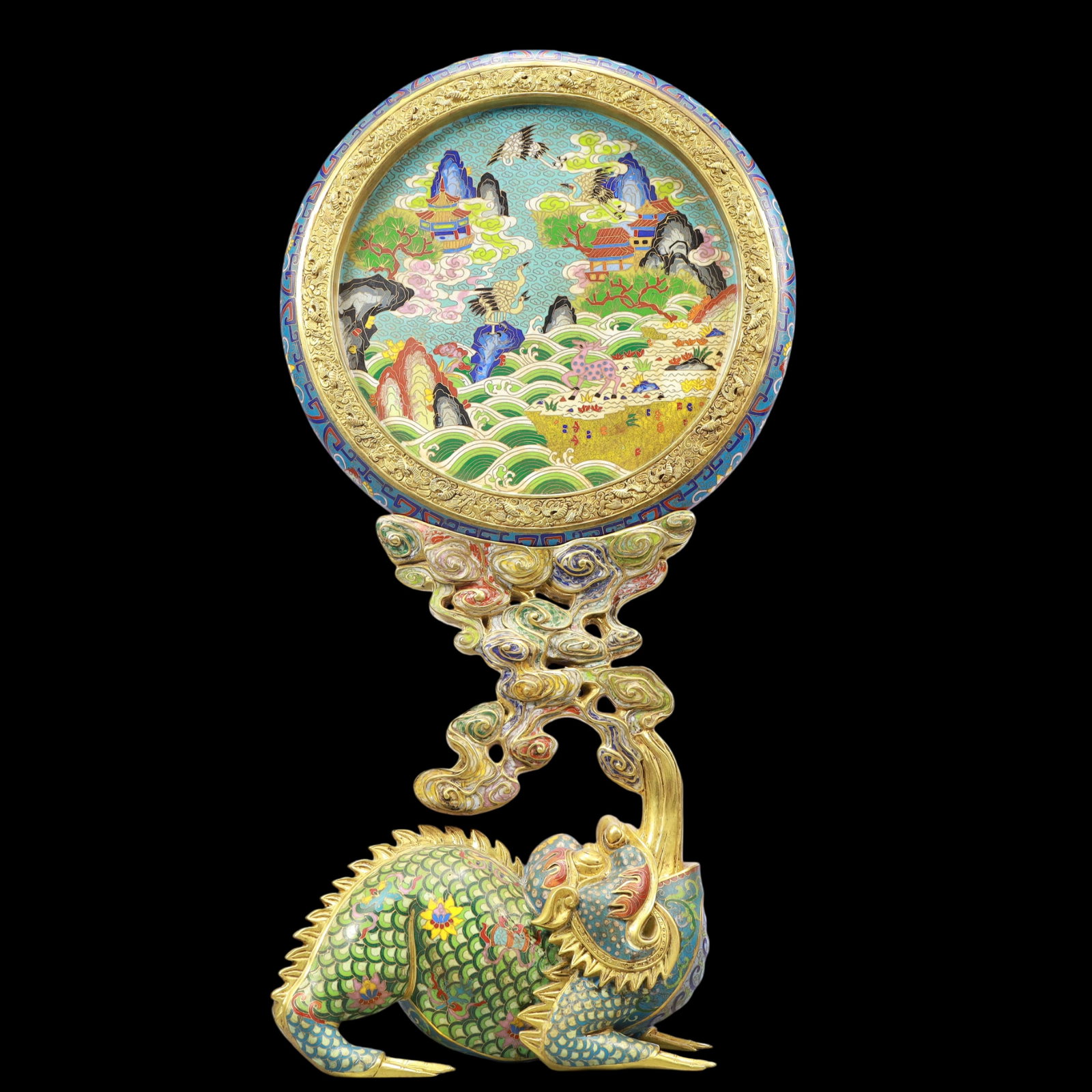 A Exquisite Cloisonne Seawater Pattern Pine and Crane Pattern Sika Deer Pattern Landscape Pattern: A Exquisite Cloisonne Seawater Pattern Pine and Crane Pattern Sika Deer Pattern Landscape Pattern Screen Ornament Qing Dynasty, China Qianlong Four-character Mark Size:31cmx21cmx61cm Weight:11250g