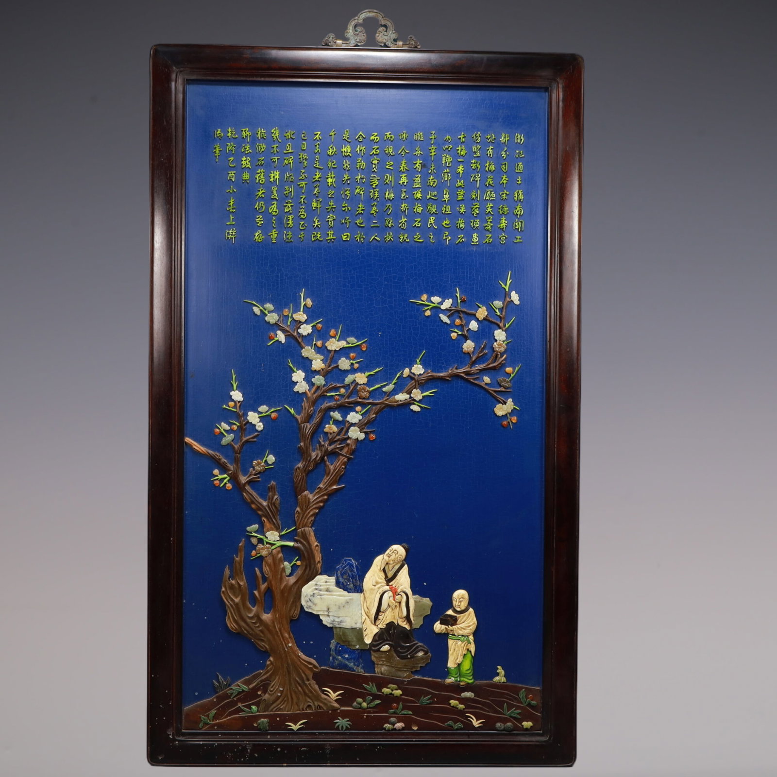 A Exquisite Zitanwood Inlaid Gems Character and Story Pattern with poem Hanging Panel: A Exquisite Zitanwood Inlaid Gems Character and Story Pattern with poem Hanging Panel Qing Dynasty, China ???:120.5cmx75cmx3.5cm (The Dimensions Of All Batches Are Manually Measured.If You Need More