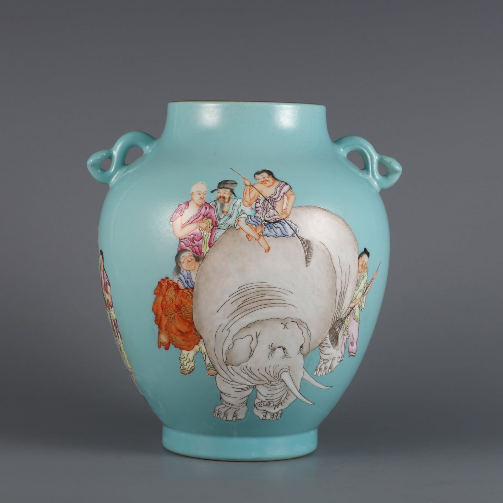 An Exquisite Famille-Rose Green Ground Character and Story Pattern Double-Ears Jar: An Exquisite Famille-Rose Green Ground Character and Story Pattern Double-Ears Jar Qing Dynasty, China Jiaqing Six-character Mark Size:21.5cmx19cm (The Dimensions Of All Batches Are Manually