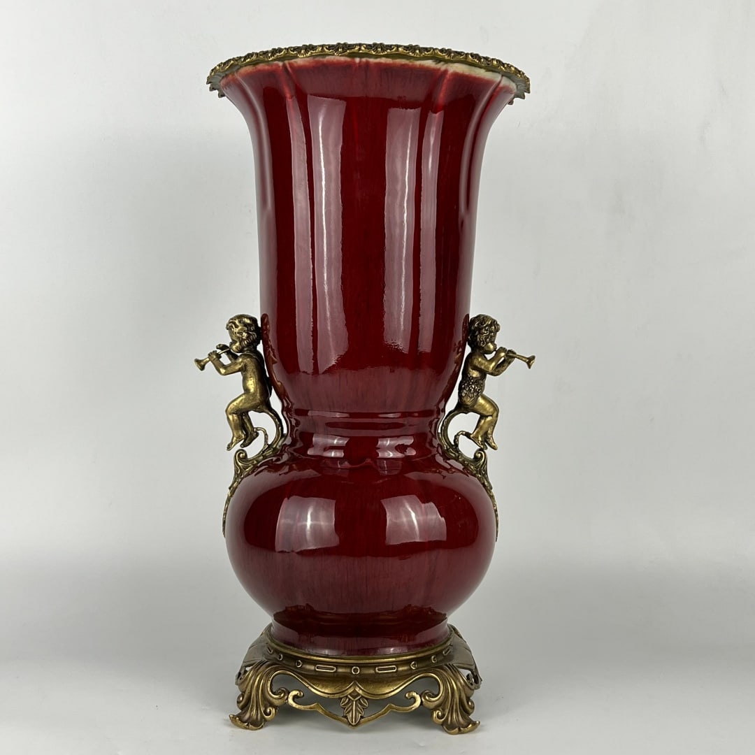 An Exquisite Lang yao Red Glazed Inlaid Bronze Double-Ears Vase: An Exquisite Lang yao Red Glazed Inlaid Bronze Double-Ears Vase Qing Dynasty, China Yongzheng Six-character Mark Size:51cmx27cm (The Dimensions Of All Batches Are Manually Measured.If You Need More