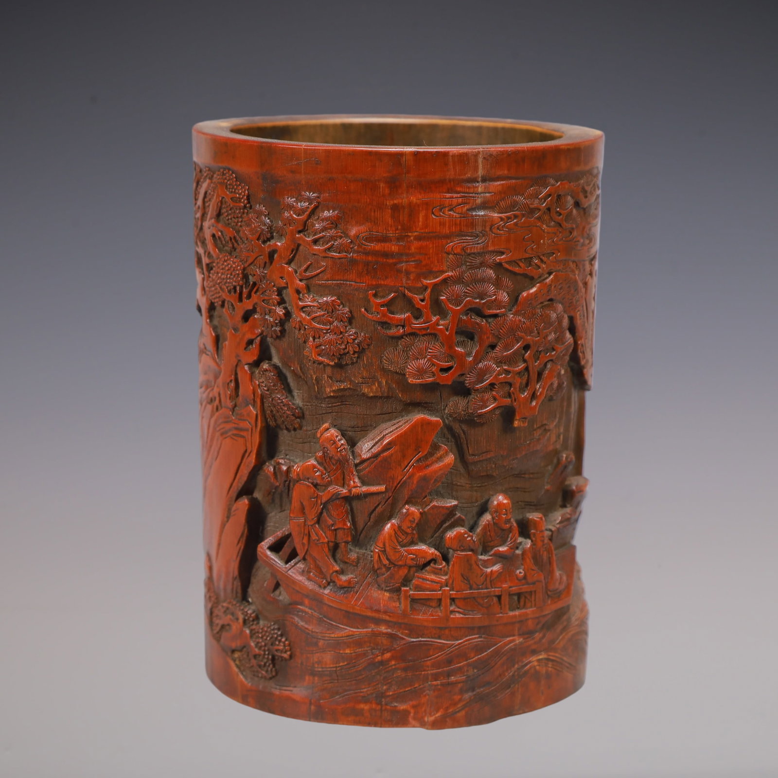 A Exquisite Bamboo Landscape and Figure Pattern Brush Pot: A Exquisite Bamboo Landscape and Figure Pattern Brush Pot Qing Dynasty, China Size:10.5cmx14.5cm Weight:200g (The Dimensions Of All Batches Are Manually Measured.If You Need More Detailed
