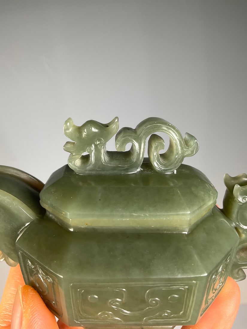 An Exquisite White Jade Dragon Pattern Teapot - 4