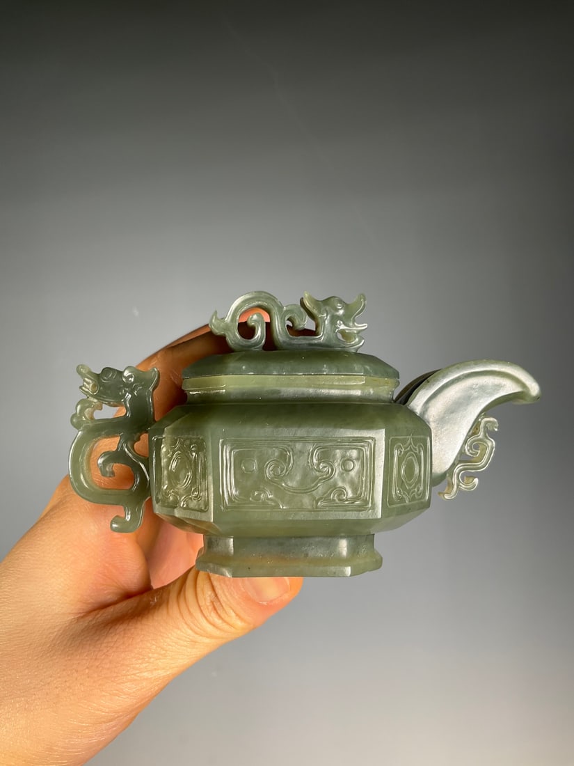 An Exquisite White Jade Dragon Pattern Teapot - 8
