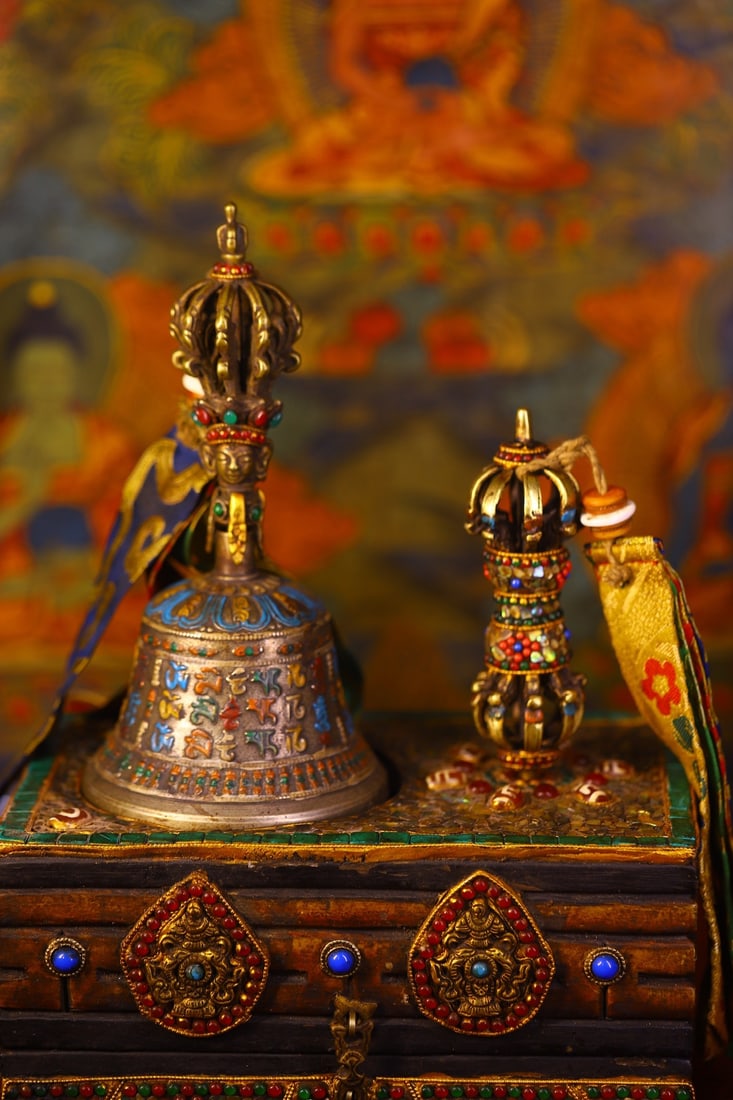 An Exquisite Bronze Painted Color Dzi Bead Vajry Pestle - 2