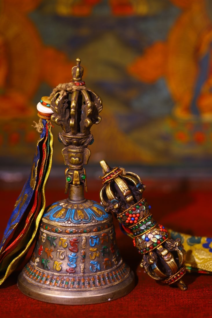 An Exquisite Bronze Painted Color Dzi Bead Vajry Pestle - 5