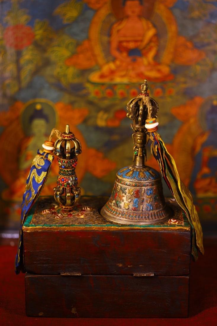 An Exquisite Bronze Painted Color Dzi Bead Vajry Pestle - 7