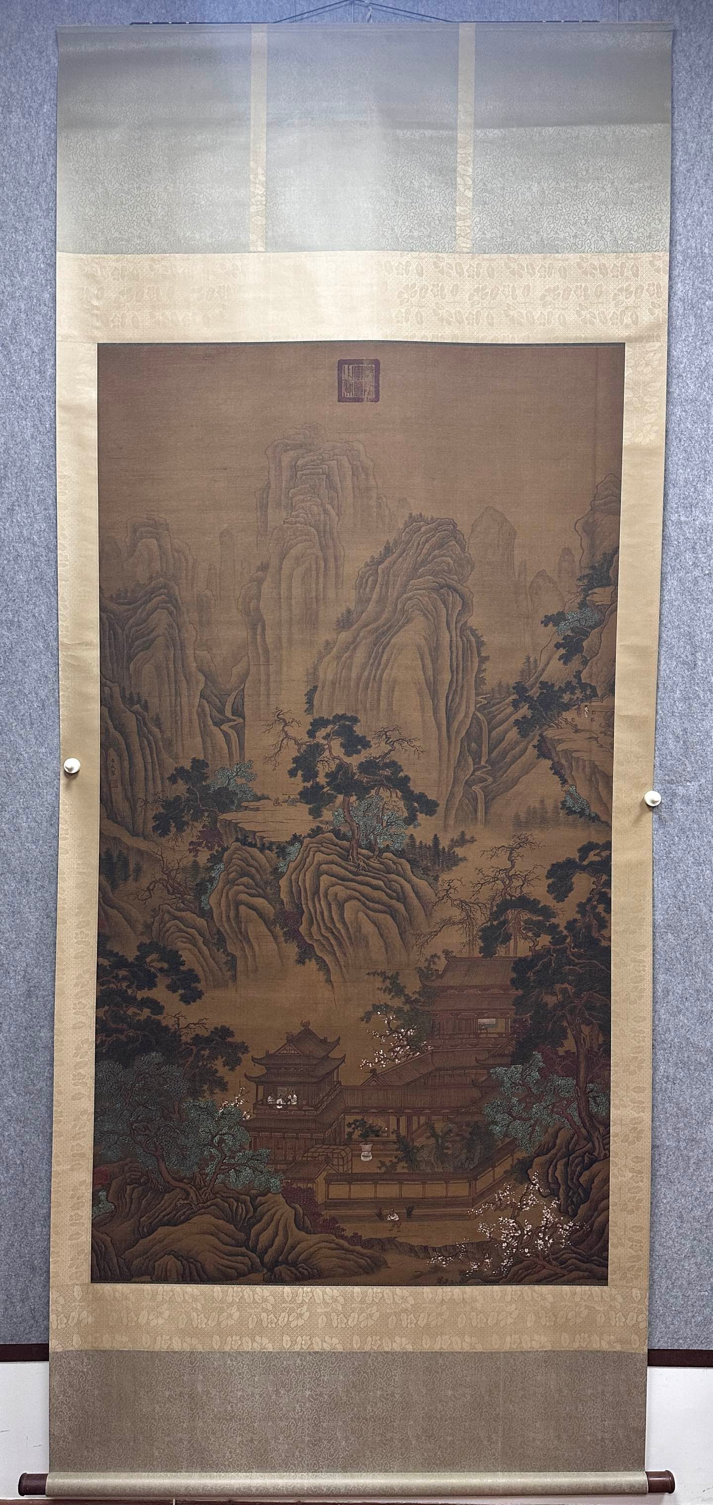 A Chinese Vertical Scroll Ink Painting of Landscape and Figure on Silk: A Chinese Vertical Scroll Ink Painting of Landscape and Figure on Silk Li cheng Without frame Size:100cmx180cm (The Dimensions Of All Batches Are Manually Measured.If You Need More Detailed