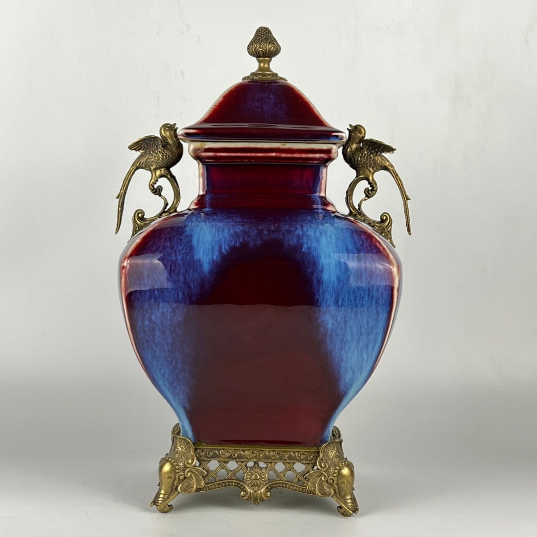 An Exquisite Flambe Glazed Inlaid Bronze Double-Ears Jar: An Exquisite Flambe Glazed Inlaid Bronze Double-Ears Jar Qing Dynasty, China Yongzheng Six-character Mark Size:47cmx30cm (The Dimensions Of All Batches Are Manually Measured.If You Need More Detailed 