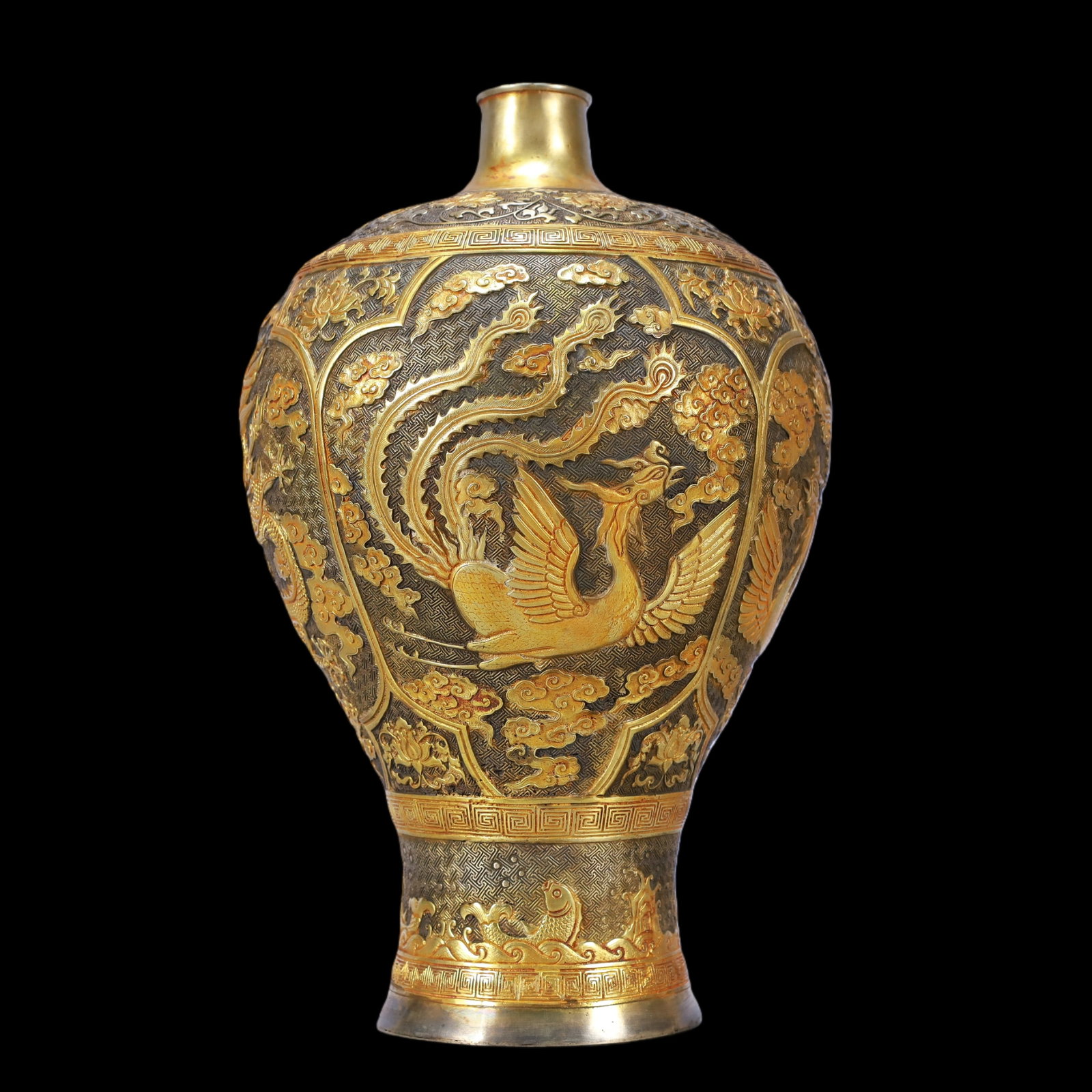 A Exquisite Gilt Silver Lotus Pattern Dragon and Phoenix Pattern Vase - 2