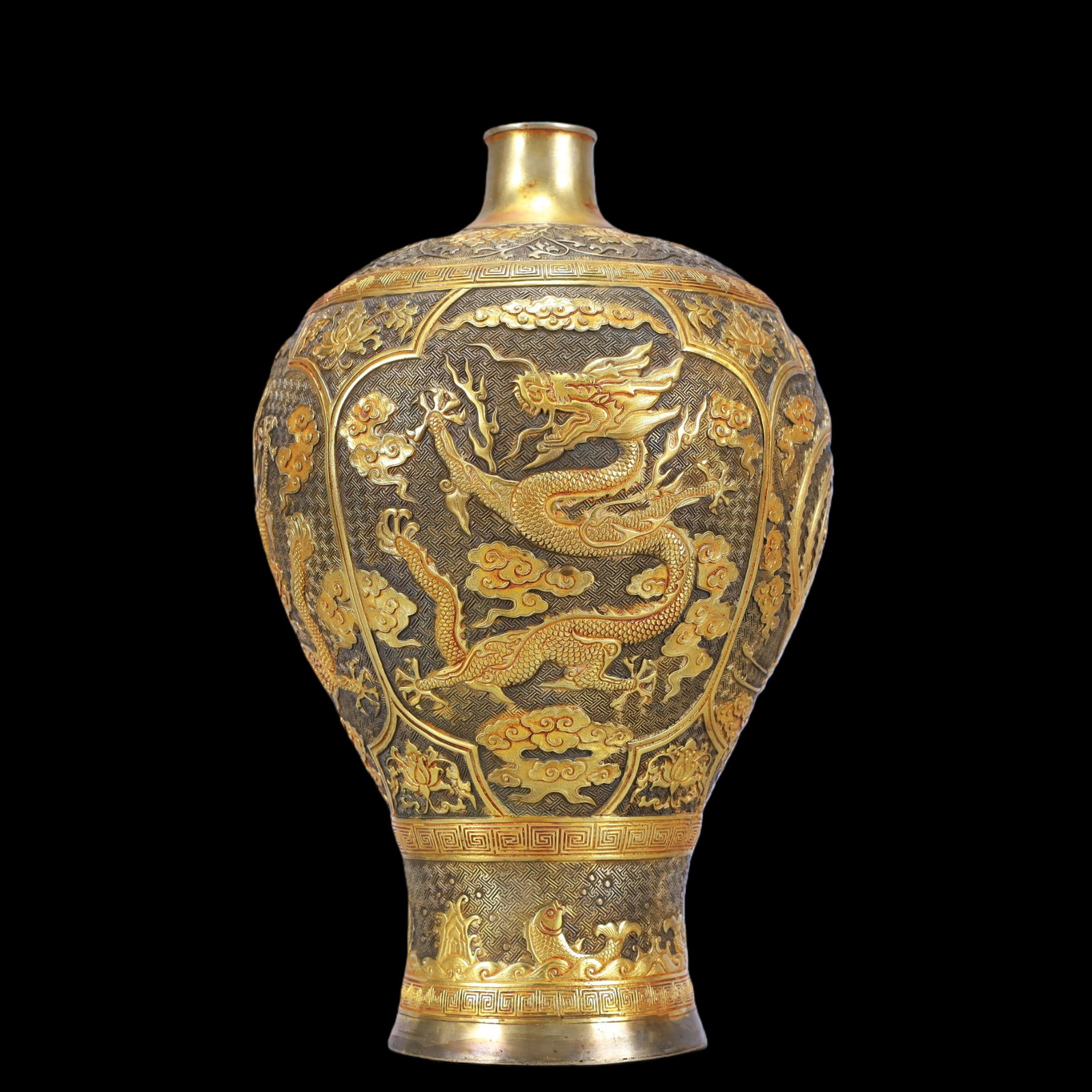 A Exquisite Gilt Silver Lotus Pattern Dragon and Phoenix Pattern Vase - 5