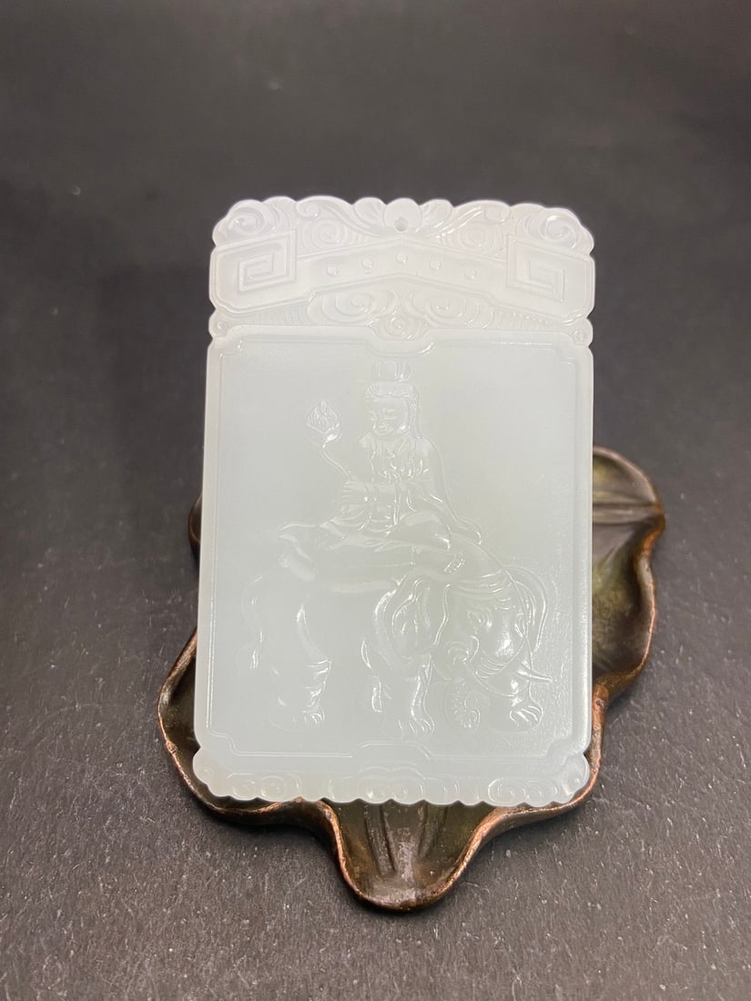An Exquisite White Jade Statue of Samantabhadra Pattern with poem Brand: An Exquisite White Jade Statue of Samantabhadra Pattern with poem Brand Qing Dynasty, China Size:6.45cmx4.18cmx0.72cm Weight:50g (The Dimensions Of All Batches Are Manually Measured.If You Need More D