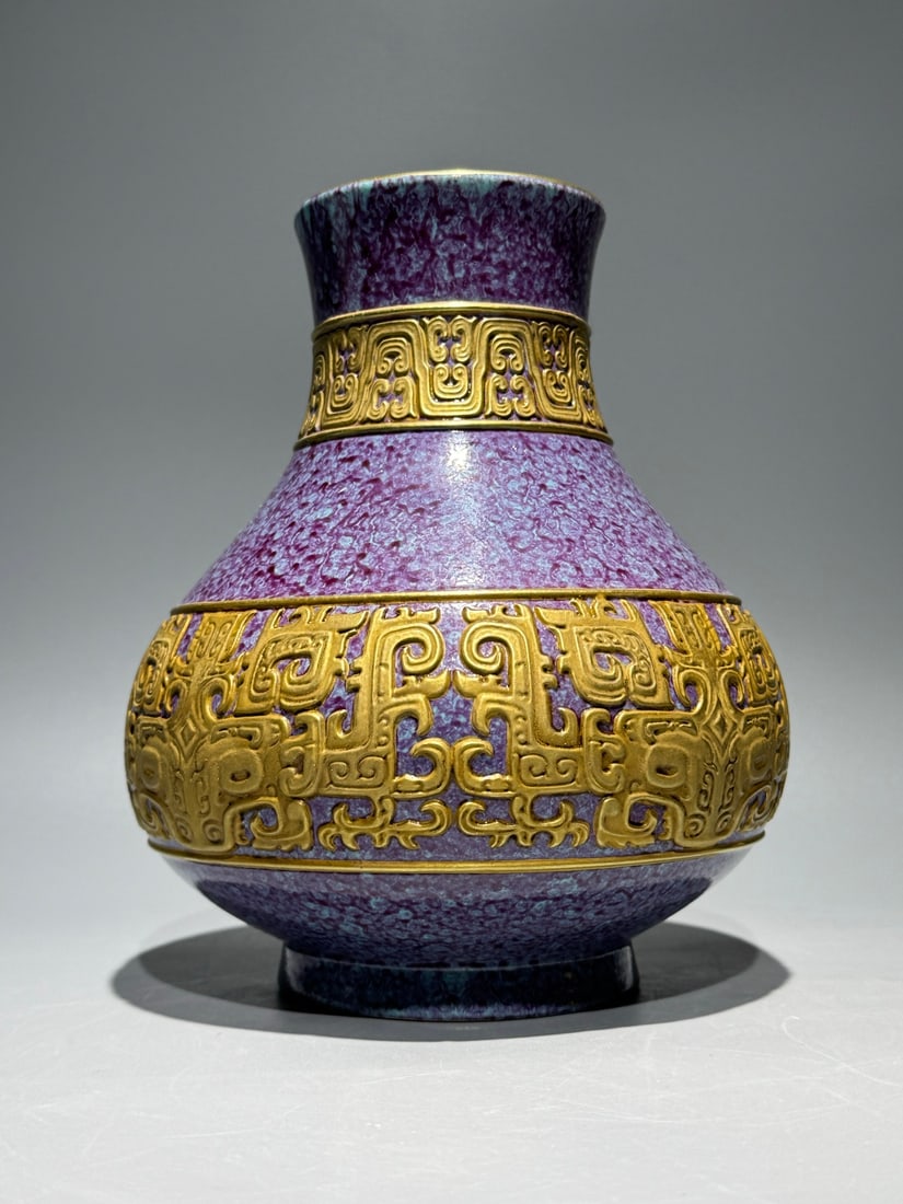 An Exquisite Robin's-Egg-Glazed Painted Gold Beast-Face Pattern Vase - 2