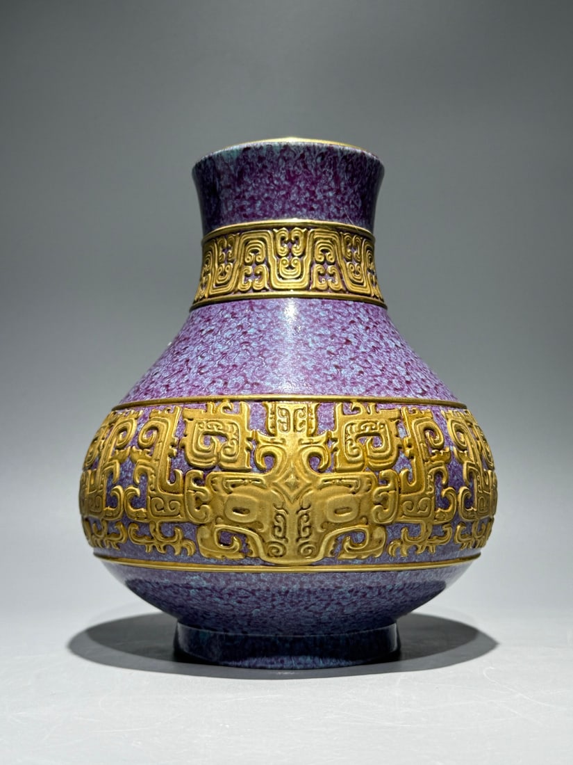 An Exquisite Robin's-Egg-Glazed Painted Gold Beast-Face Pattern Vase - 3