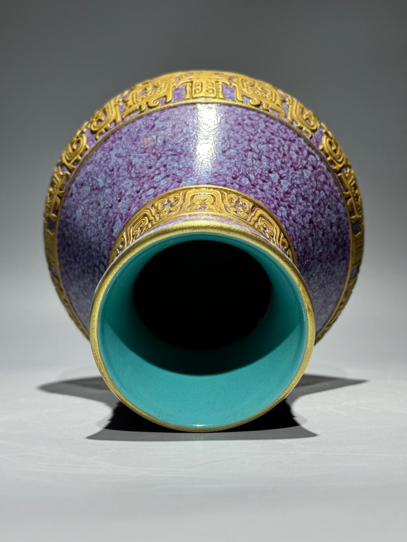 An Exquisite Robin's-Egg-Glazed Painted Gold Beast-Face Pattern Vase - 6