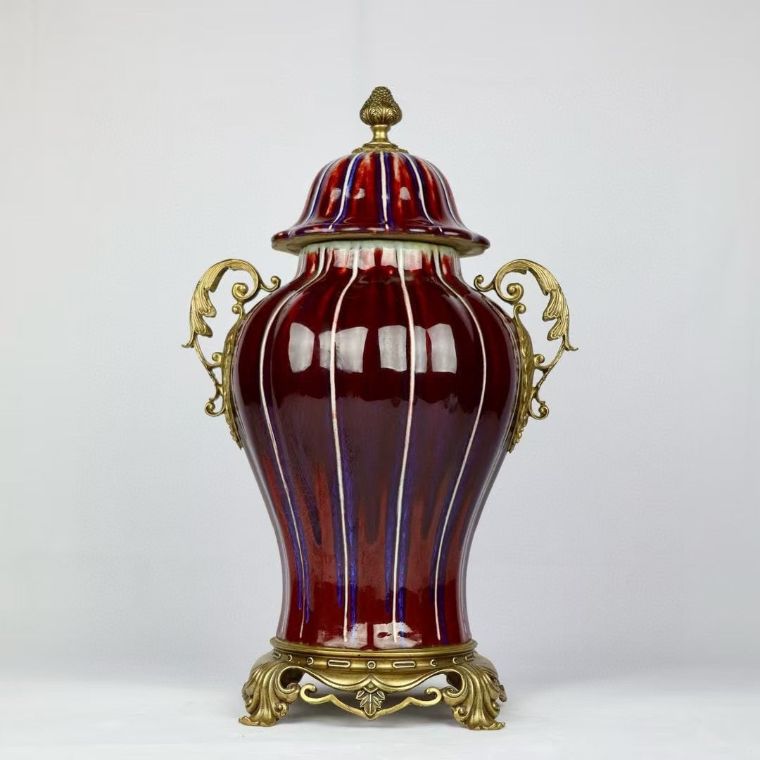 An Exquisite Flambe Glazed Inlaid Bronze Double-Ears Jar: An Exquisite Flambe Glazed Inlaid Bronze Double-Ears Jar Qing Dynasty, China Yongzheng Six-character Mark Size:47cmx28cm (The Dimensions Of All Batches Are Manually Measured.If You Need More Detailed 