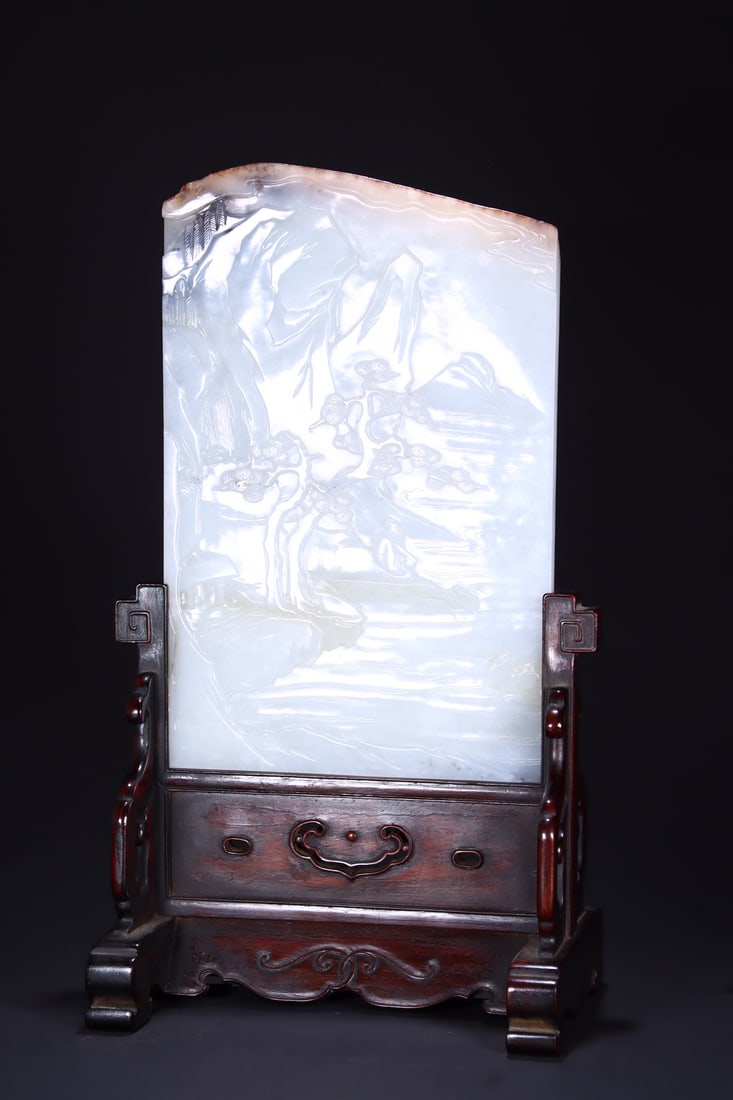 An Exquisite White Jade Pine Pattern with poem Screen - 9