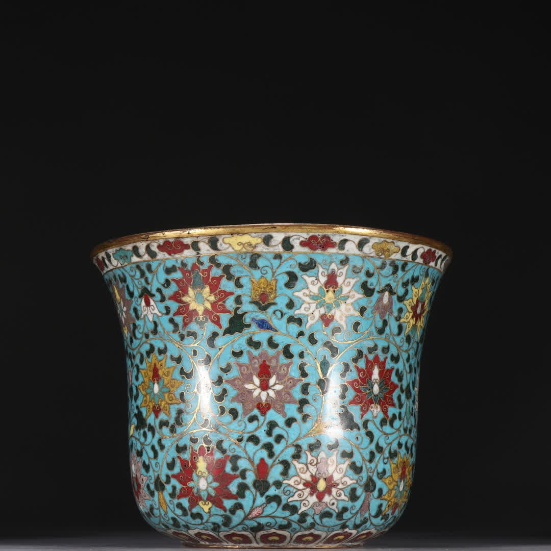 A Ming Dynasty bronze bowl gilded with cloisonne and lotus patterns: Ming Dynasty bronze gilt cloisonne entwined lotus motif bowl SIZE: H:12.3cm W:15.5cm W:1033g (The Dimensions Of All Batches Are Manually Measured.If You Need More Detailed Information, Please Contact