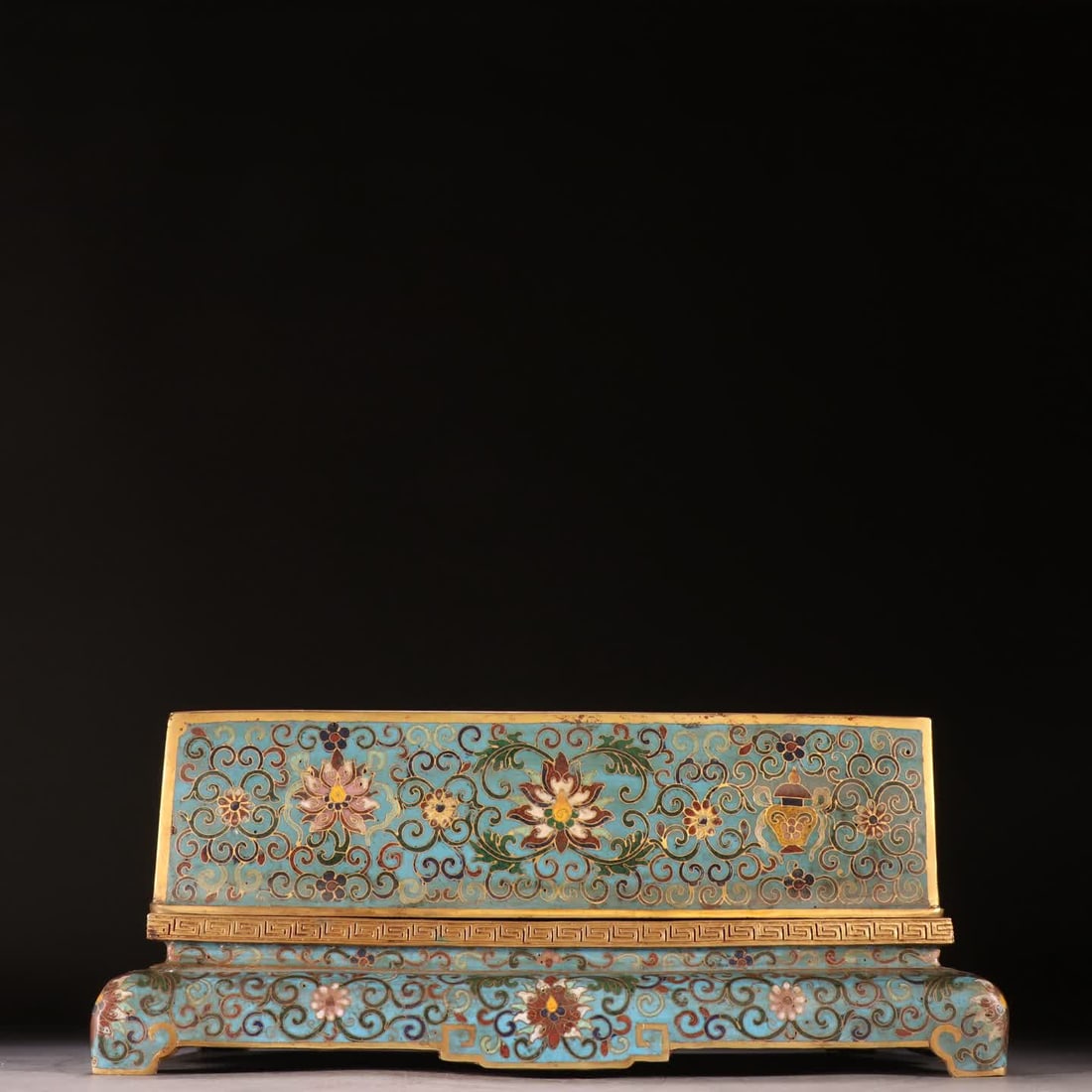 A Qing Dynasty bronze-bodied cloisonne sutra book box: Qing Dynasty copper-bodied cloisonne sutra book box SIZE: H:11.5cm W:28cm W:4036.4g (The Dimensions Of All Batches Are Manually Measured.If You Need More Detailed Information, Please Contact Our