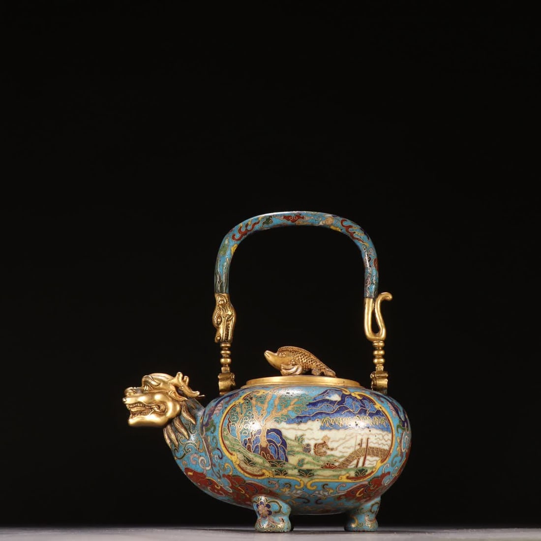 A Qing Dynasty bronze-bodied cloisonne dragon-head fishing handle pot: Qing Dynasty copper-bodyed cloisonne dragon-head with a window fishing pattern, handlebar teapot SIZE: H:8cm W:15.9cm W:677.7g (The Dimensions Of All Batches Are Manually Measured.If You Need More