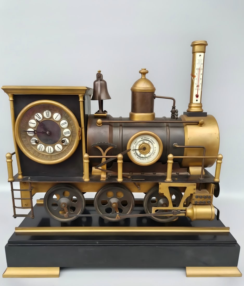 A 19th-century industrial revolution yellow barrel steam locomotive clock (1 of 8)