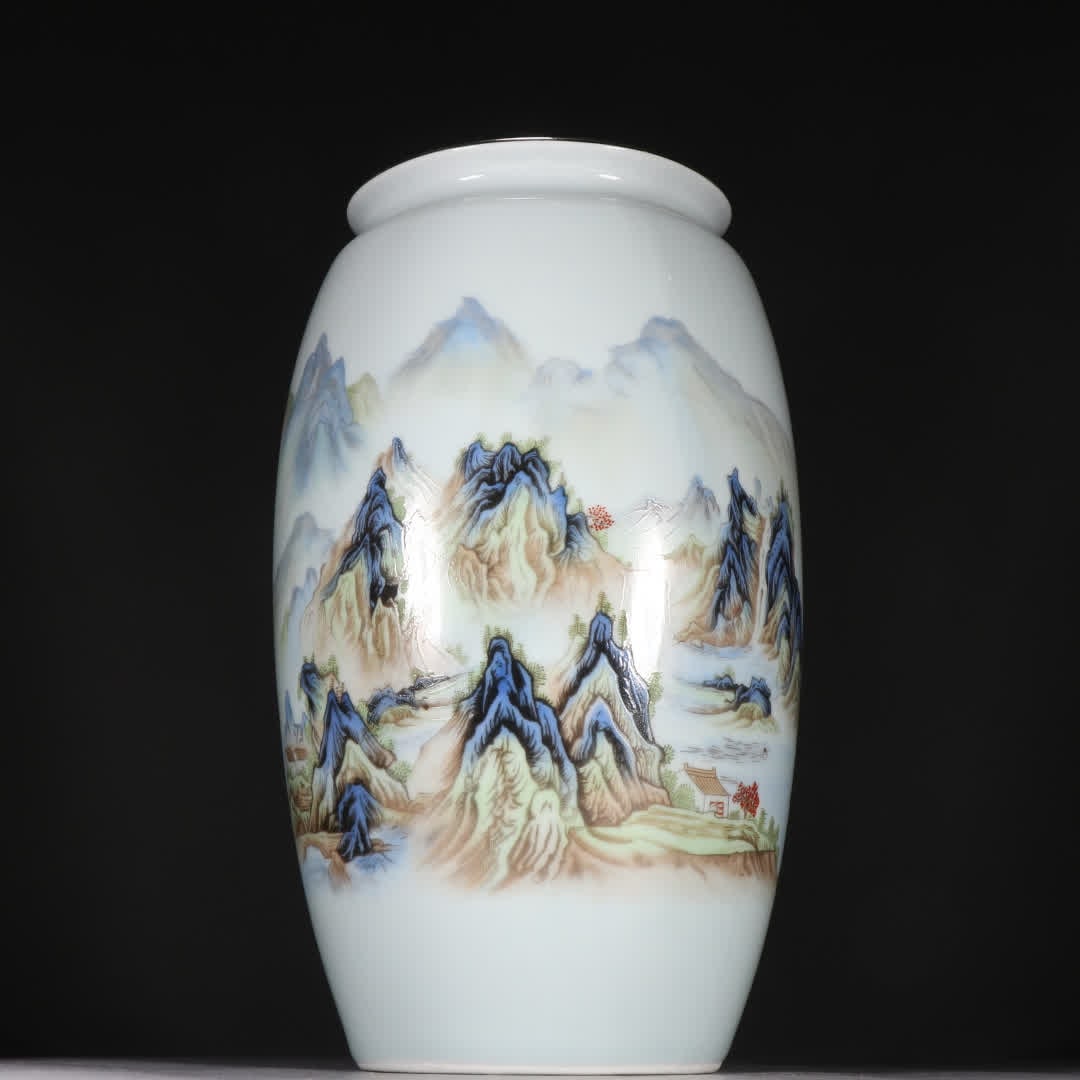 A Qing Dynasty famille rose landscape vase: Qing Dynasty famille rose landscape appreciation vase SIZE: H:23cm W:13.2cm (The Dimensions Of All Batches Are Manually Measured.If You Need More Detailed Information, Please Contact Our Customer