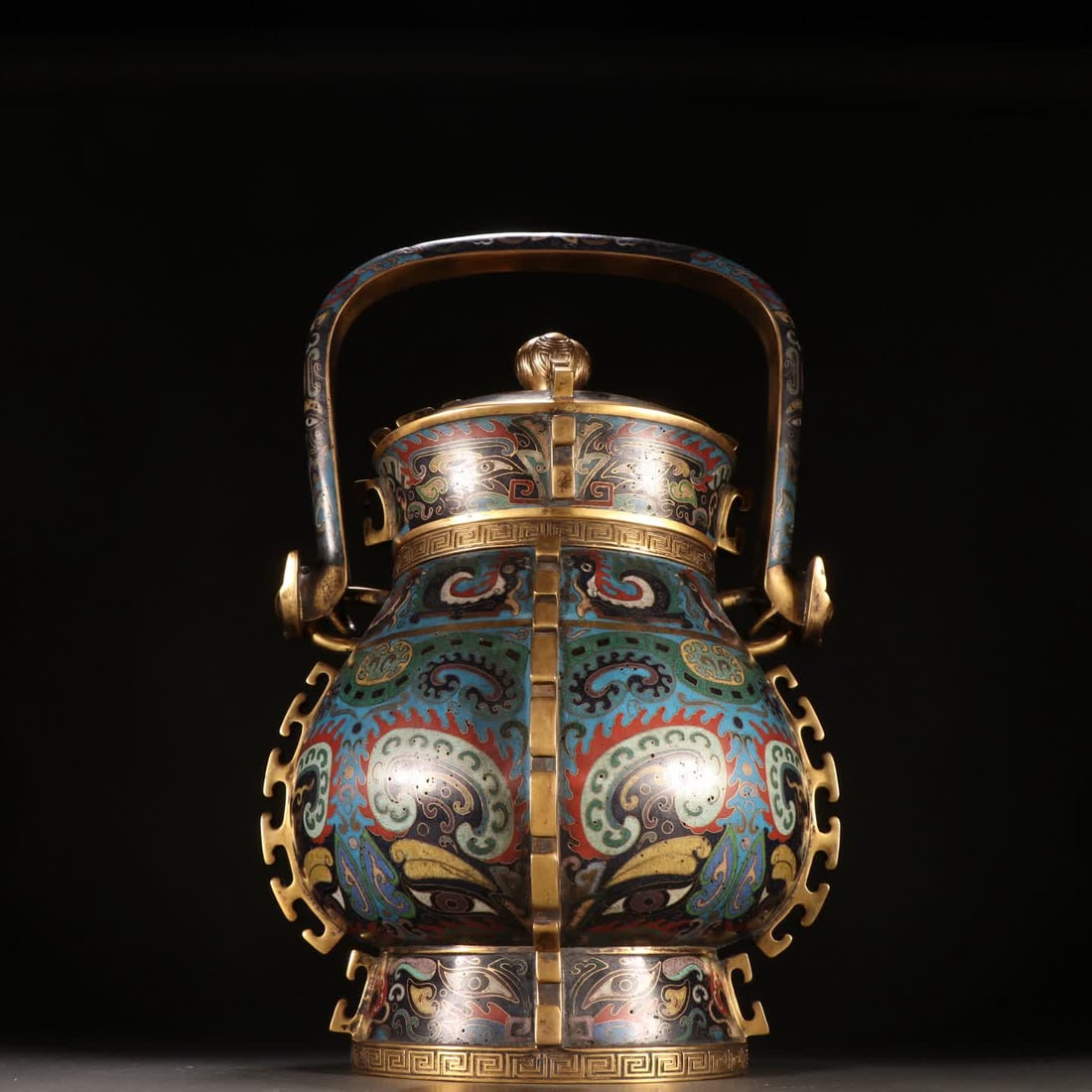 A Qing Dynasty bronze gilt cloisonne with beast-face handlebar and you: Qing Dynasty bronze gilt cloisonne with beast-face pattern, handlebar you SIZE: H:36cm W:22.4cm W:3773.6g (The Dimensions Of All Batches Are Manually Measured.If You Need More Detailed Information,