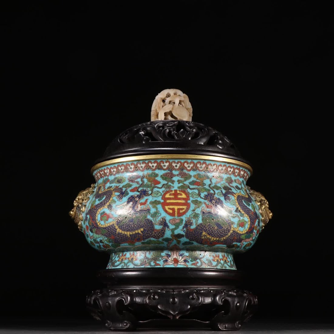 A Qing Dynasty bronze-bodied cloisonne cloisonne double dragon playing with pearl incense burner: Qing Dynasty copper-bodied cloisonne double dragons playing with pearls incense burner SIZE: H:23cm W:18.9cm W:1660g (The Dimensions Of All Batches Are Manually Measured.If You Need More Detailed Info