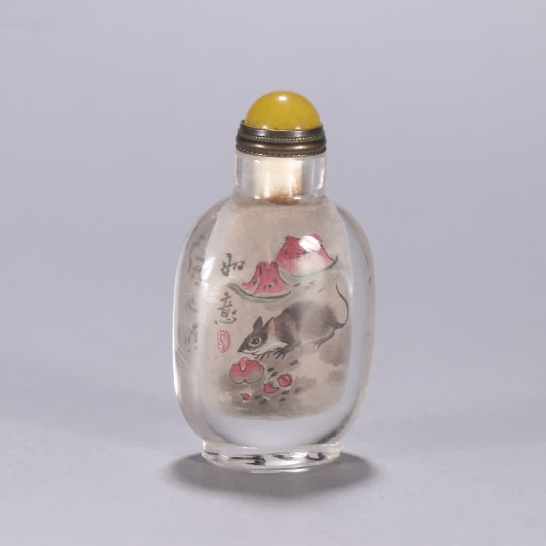 A Qing Dynasty crystal snuff bottle with the in-painting "Fortune, Longevity, and Ruyi" snuff bottle (1 of 9)
