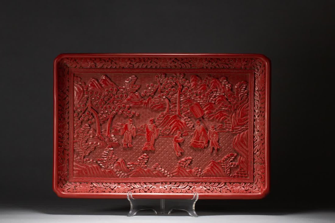 A Qing Dynasty carved red appreciation plate: Qing Dynasty carved red for viewing plates SIZE: L:38cm W:25cm H:4cm W:770g (The Dimensions Of All Batches Are Manually Measured.If You Need More Detailed Information, Please Contact Our Customer