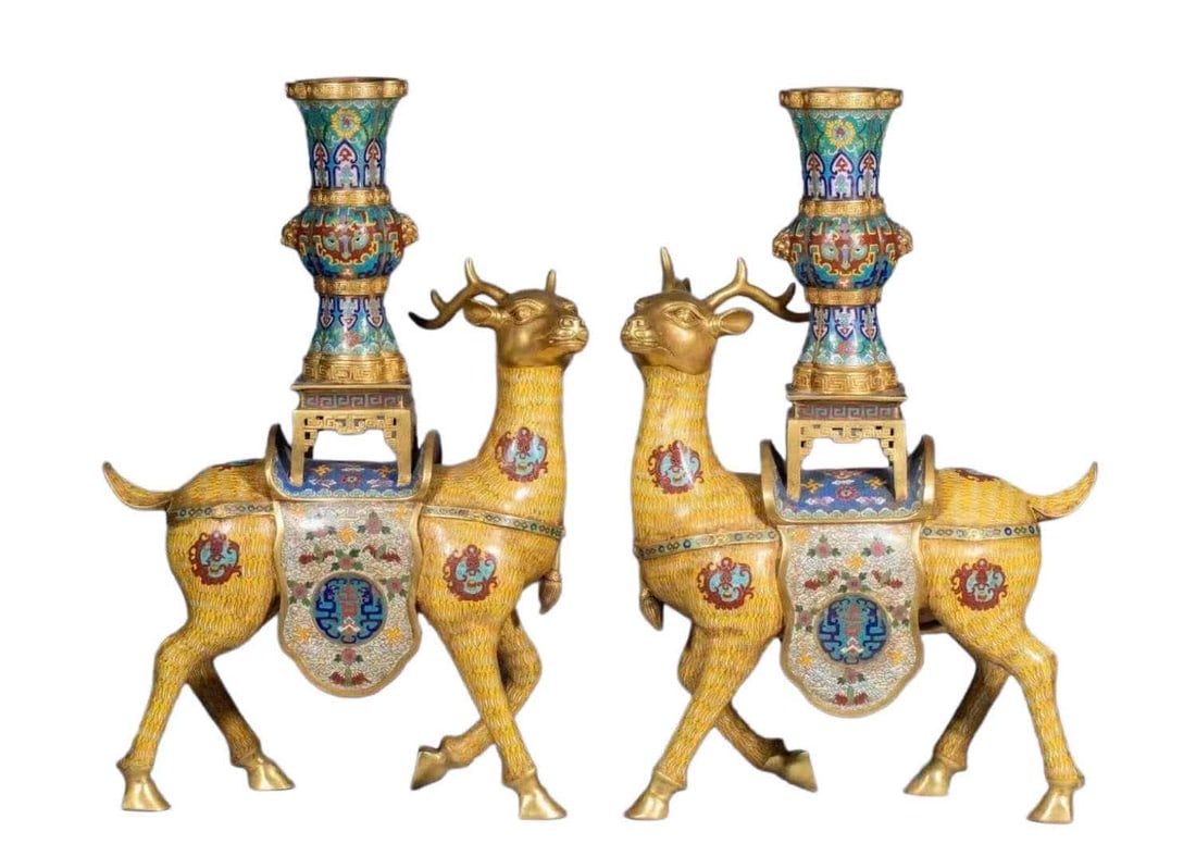 A pair of Qing Dynasty gilded cloisonne and a deer peace ornaments: A pair of Qing Dynasty gilt cloisonne and a deer peace ornament SIZE: H:57.5cm W:21cm L:39cm W:24.8kg (The Dimensions Of All Batches Are Manually Measured.If You Need More Detailed Information,