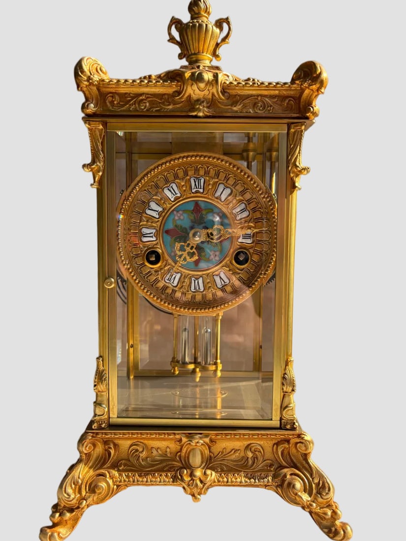 A late Qing dynasty gilt bronze timekeeper Siming bell: Late Qing dynasty gilded bronze time-chiming four-ming bell SIZE: L:22cm W:19cm H:42cm (The Dimensions Of All Batches Are Manually Measured.If You Need More Detailed Information, Please Contact Our