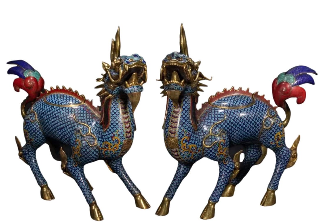 A pair of gilt copper cloisonne qilin ornaments: A pair of gilt copper cloisonne qilin ornaments SIZE: H:64cm W:23cm L:72cm W:44kg (The Dimensions Of All Batches Are Manually Measured.If You Need More Detailed Information, Please Contact Our