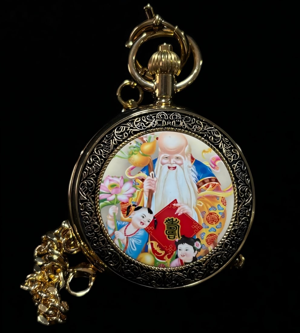 A late Qing Dynasty birthday star themed enamel pocket watch: A late Qing Dynasty birthday celebrated enamel pocket watch SIZE: D:5cm (The Dimensions Of All Batches Are Manually Measured.If You Need More Detailed Information, Please Contact Our Customer Service 