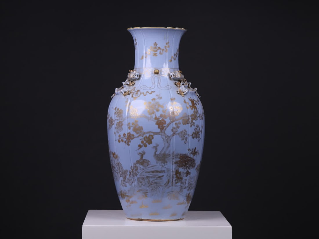 A large Qing dynasty Jiaqing period vase with sky-blue glaze and gilded inlay carved chi dragon and (1 of 12)
