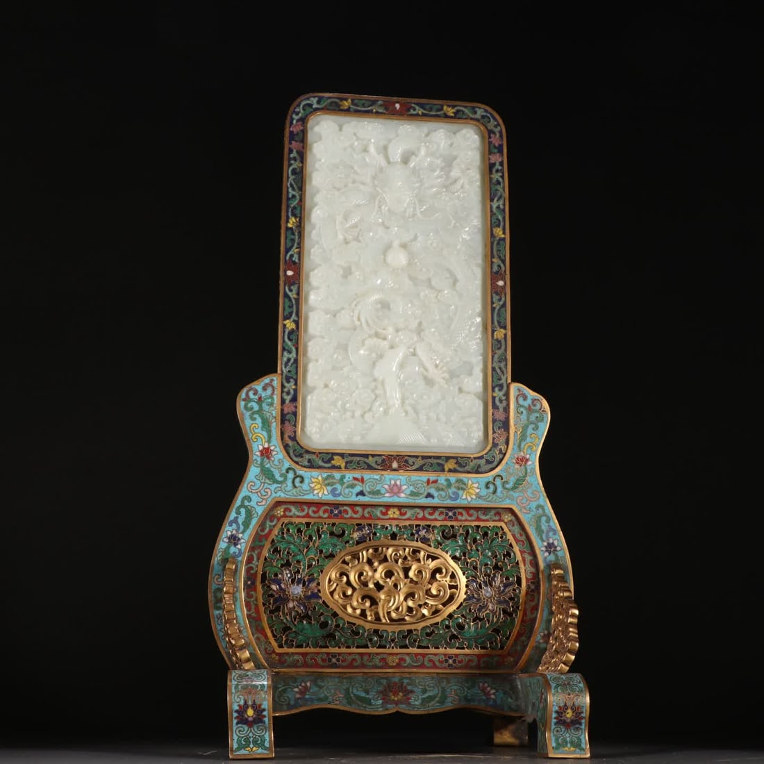 A Qing Dynasty copper gilt cloisonne inlaid Hetian jade screen with cloud and dragon motifs (1 of 9)