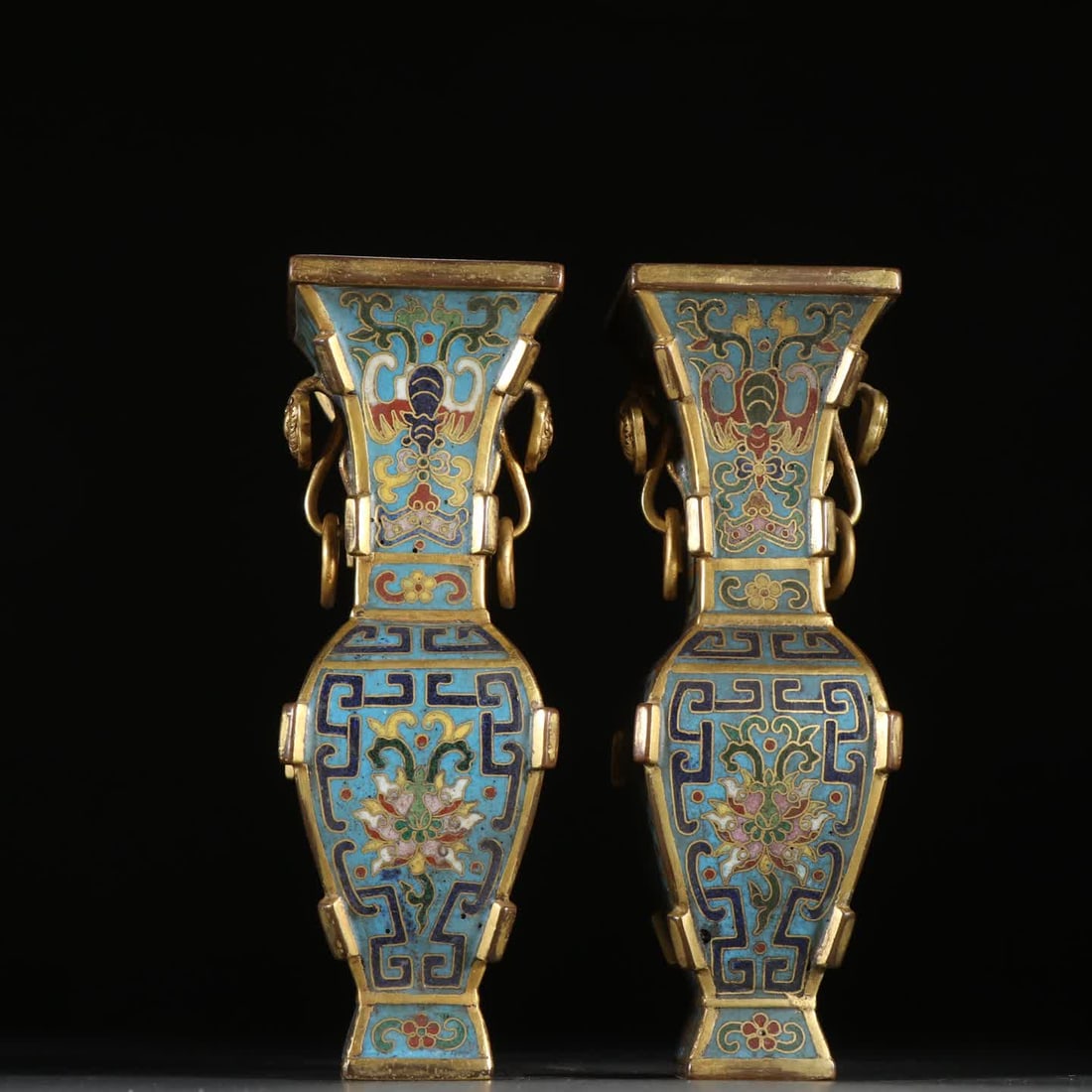 A pair of Qing Dynasty bronze gilt cloisonne pattern halberd zun with four halberds (1 of 9)
