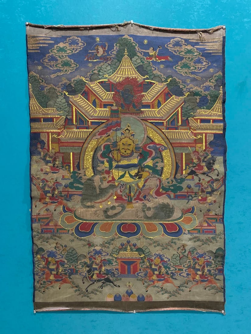 A Tibetan treasure king thangka: Tibetan Treasure King Thangka SIZE: Not provided (The Dimensions Of All Batches Are Manually Measured.If You Need More Detailed Information, Please Contact Our Customer Service Before Bidding.)