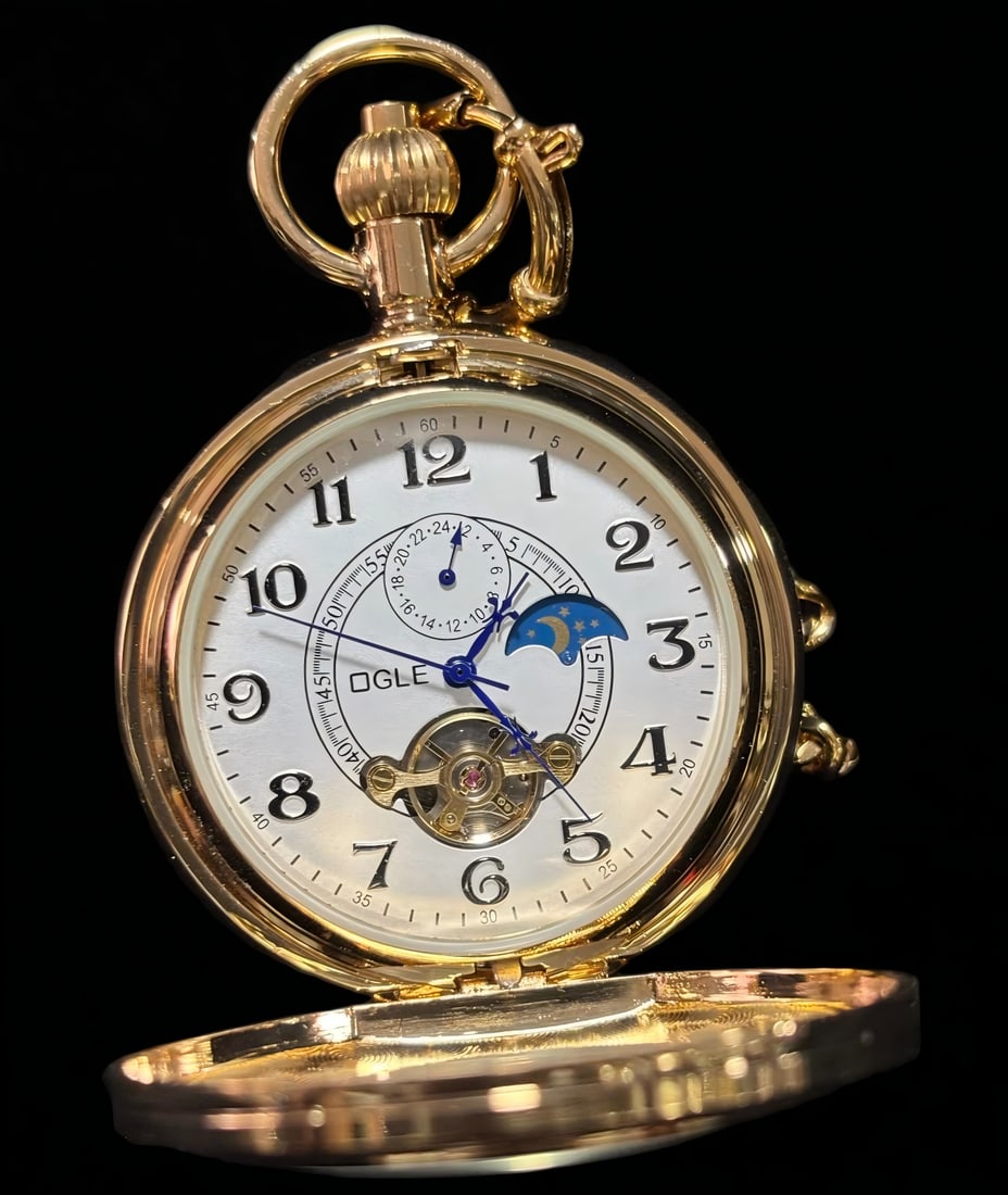 A DIGLF Moonphase Skeleton Mechanical Pocket Watch - 3