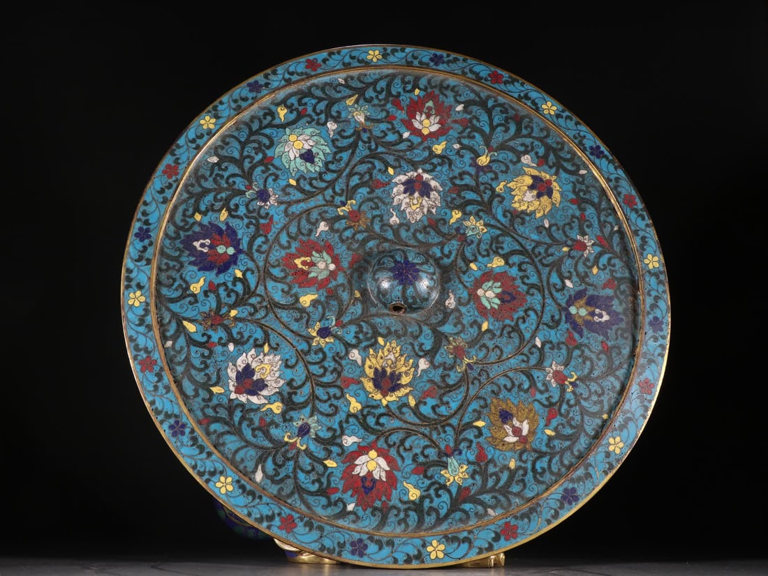 A Ming Dynasty gilt bronze cloisonne lotus mirror: Ming Dynasty Gilt cloisonne Lotus Mirror with Entwined Branches SIZE: D:37.5cm W:3.6g (The Dimensions Of All Batches Are Manually Measured.If You Need More Detailed Information, Please Contact Our