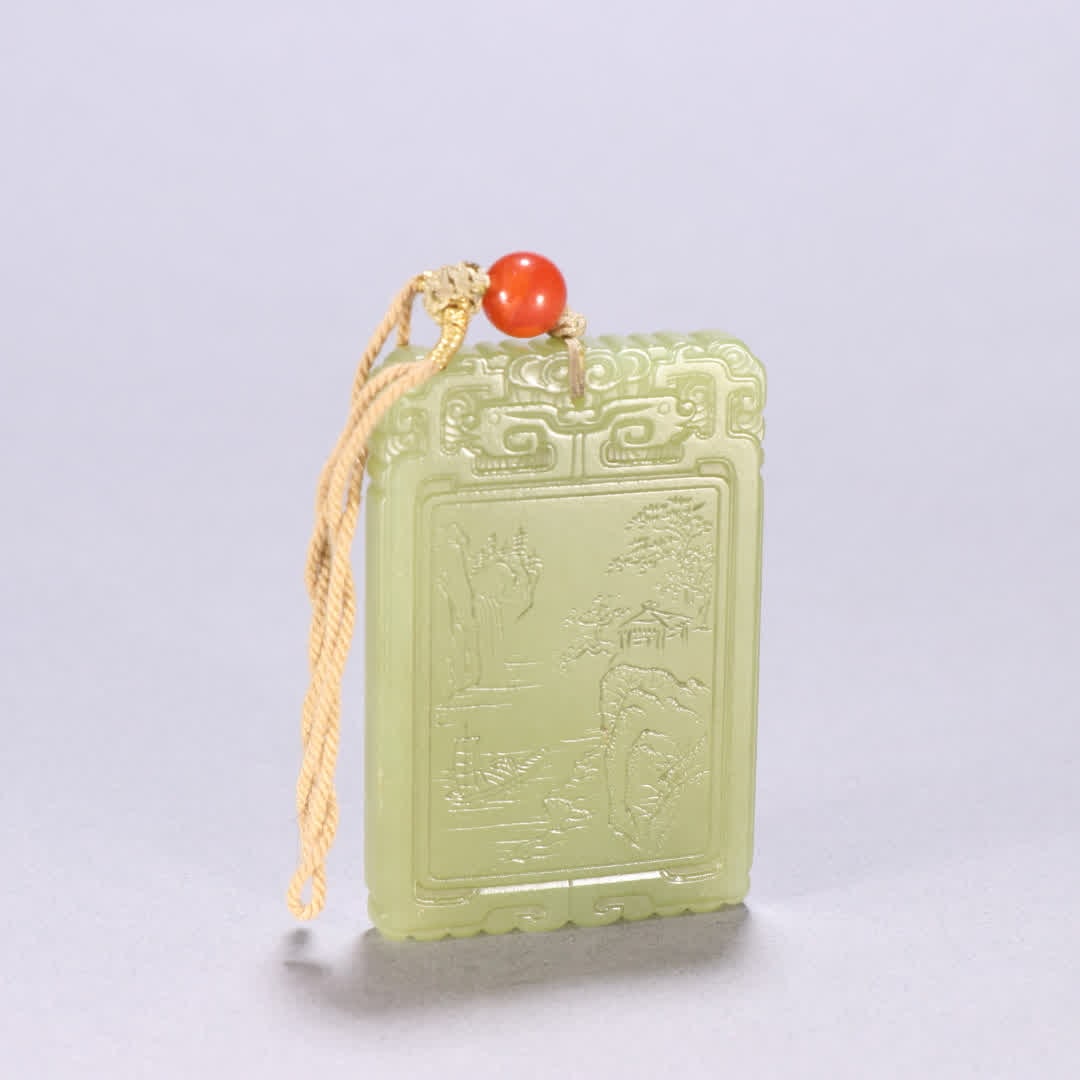 A Qing Dynasty Hetian yellow jade landscape poetry plaque: Qing Dynasty Hetian yellow jade landscape poetry and prose poster SIZE: H:6cm W:4cm W:44.5g (The Dimensions Of All Batches Are Manually Measured.If You Need More Detailed Information, Please Contact