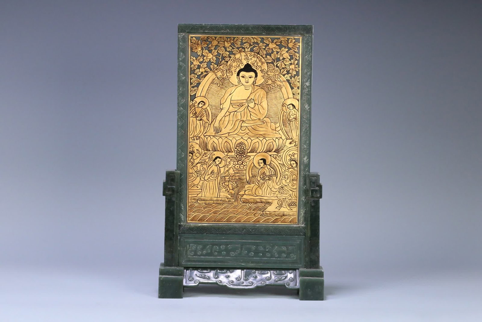 A Qing Dynasty Hetian jade gilded Buddha screen insert: Qing Dynasty Hetian jade gilded Buddha screen insert SIZE: 28x17x5.5cm W:1479g (The Dimensions Of All Batches Are Manually Measured.If You Need More Detailed Information, Please Contact Our Customer