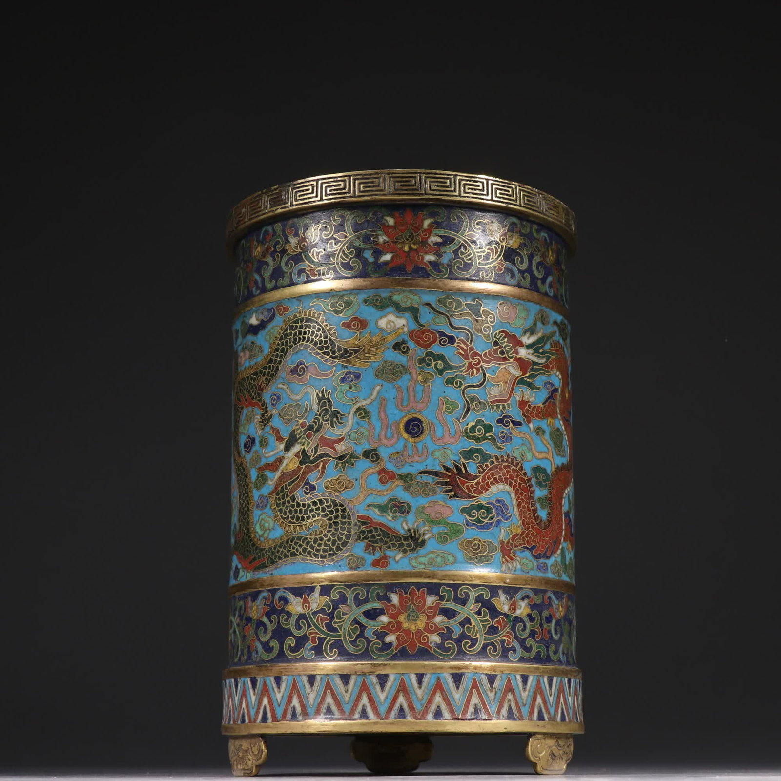 A Qing Dynasty bronze-bodied cloisonne brush pot with two dragons playing with pearls (1 of 9)