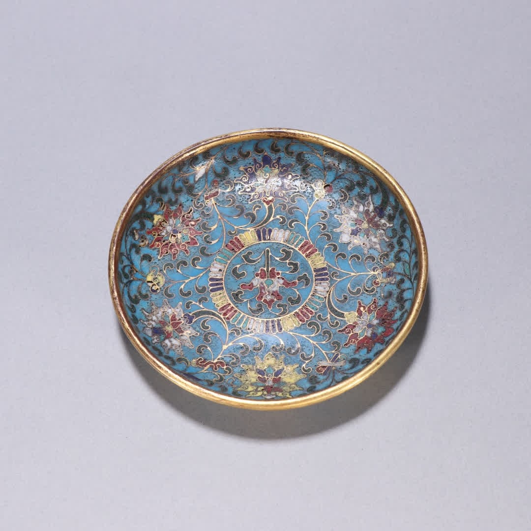 A bronze gilt cloisonne plate with lotus motif: Bronze gilt cloisonne lotus pattern plate SIZE: H:2cm W:11.8cm W:240g (The Dimensions Of All Batches Are Manually Measured.If You Need More Detailed Information, Please Contact Our Customer Service