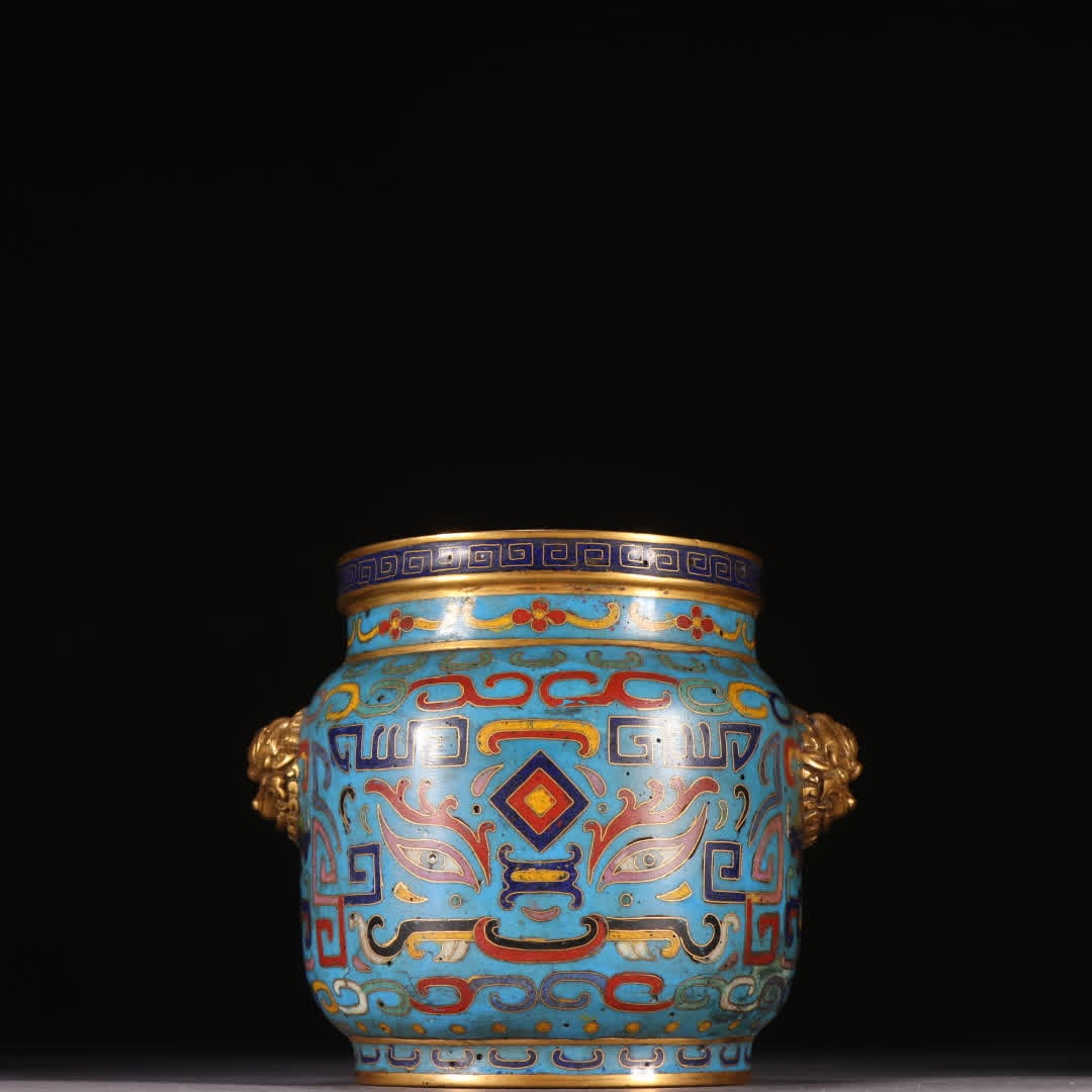 A Qing Dynasty copper gilt cloisonne incense burner with beast-face motif (1 of 9)